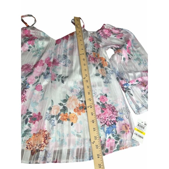 INC Floral International Concepts Cold Shoulder Blouse Sheer Long Sleeves Medium - Picture 3 of 15
